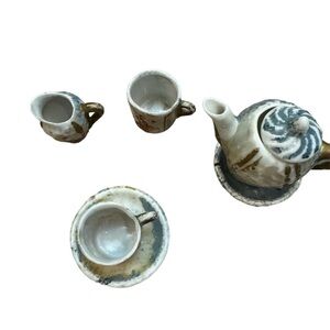 VINTAGE child’s tea set miniature collectible blue gold white decorative 5 piece